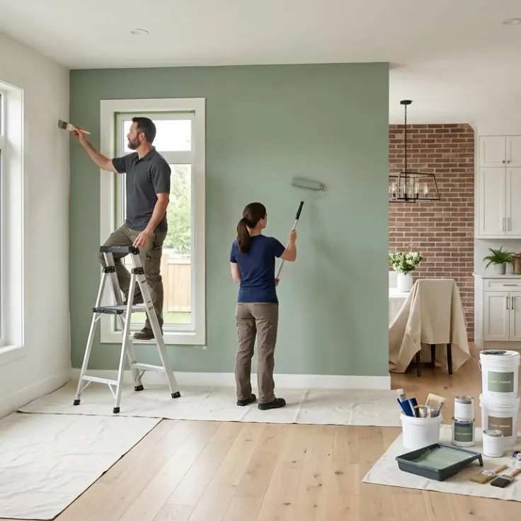 Painter touching up an interior wall during painting maintenance
